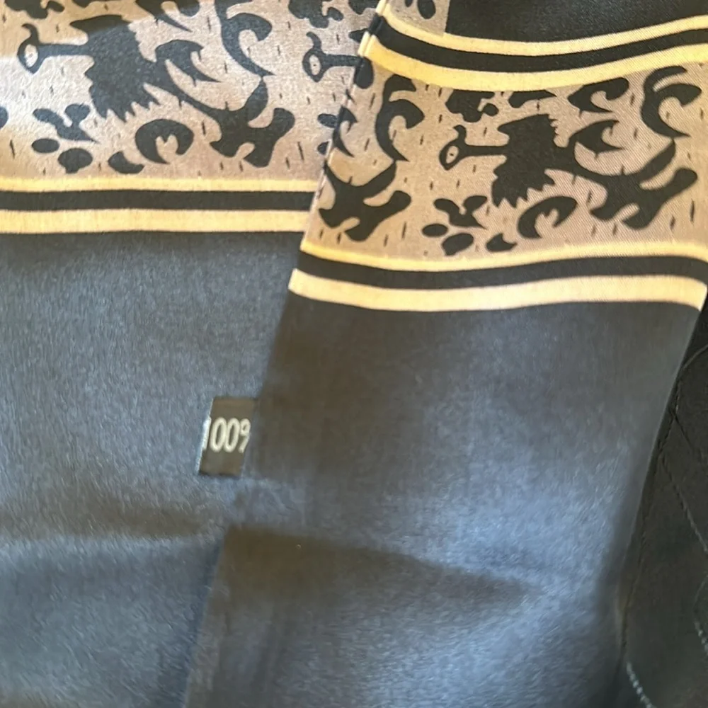 Black 100% Silk Scarf with Fringe Gold Asian Motif Print